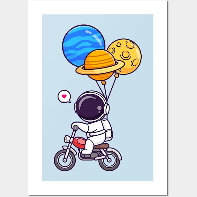 Cute Astronaut Riding Motorcycle With Planet Balloon Cartoon Wall Art by Catalyst Labs